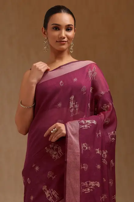 Wine Chanderi Warli Saree With Thread Work